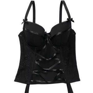 Adore Me Nylon Shaper Padded Bra Black Kink Satin Cross Harness Garters Corset